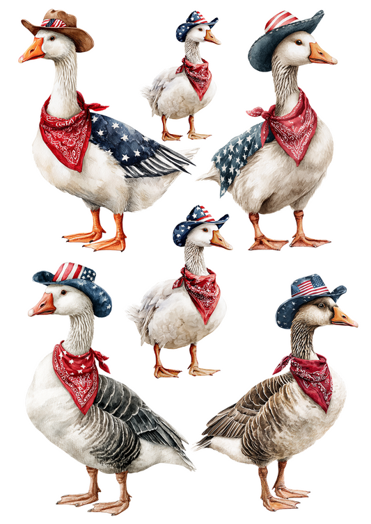 Reispapier für Decoupage, Gans mit Hut und amerikanischer Flagge zum Unabhängigkeitstag, Kat.-Nr. 4663