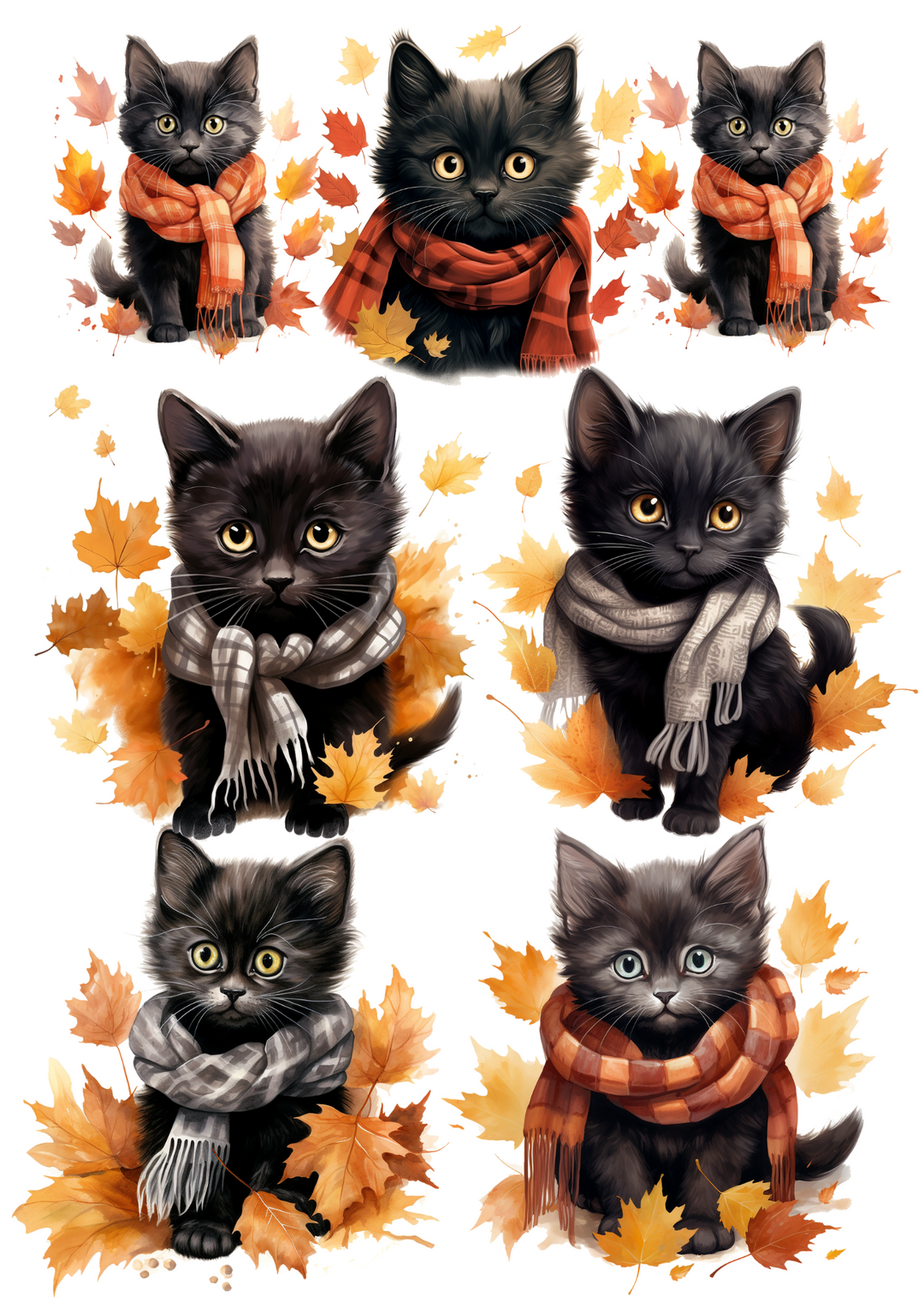 Reispapier für Decoupage Halloween Herbst Schwarze kleine Katzen in Schals Kat. Nr. 4667