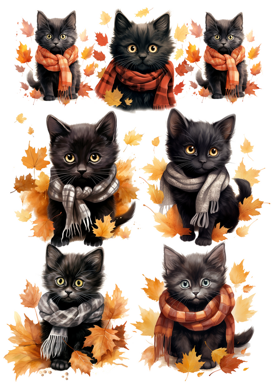 Reispapier für Decoupage Halloween Herbst Schwarze kleine Katzen in Schals Kat. Nr. 4667
