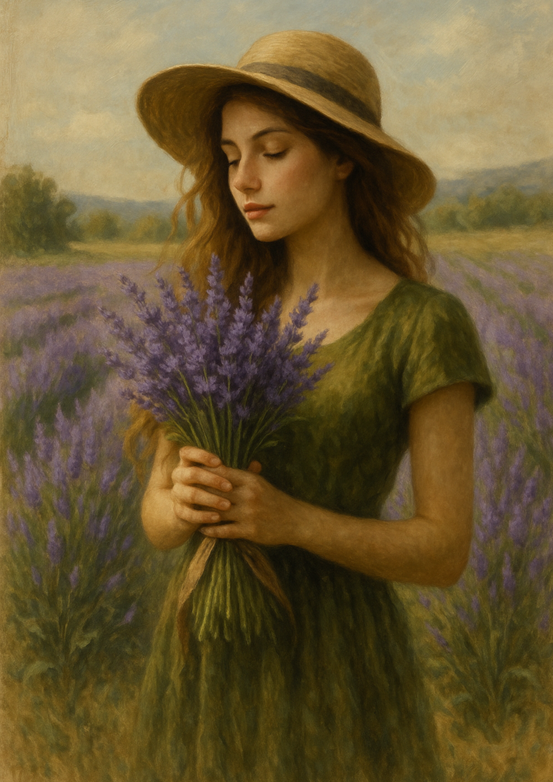 Reispapier für Decoupage, schöne Frau mit einem Blumenstrauß auf einem Feld voller Lavendel, Kat.-Nr. 4670