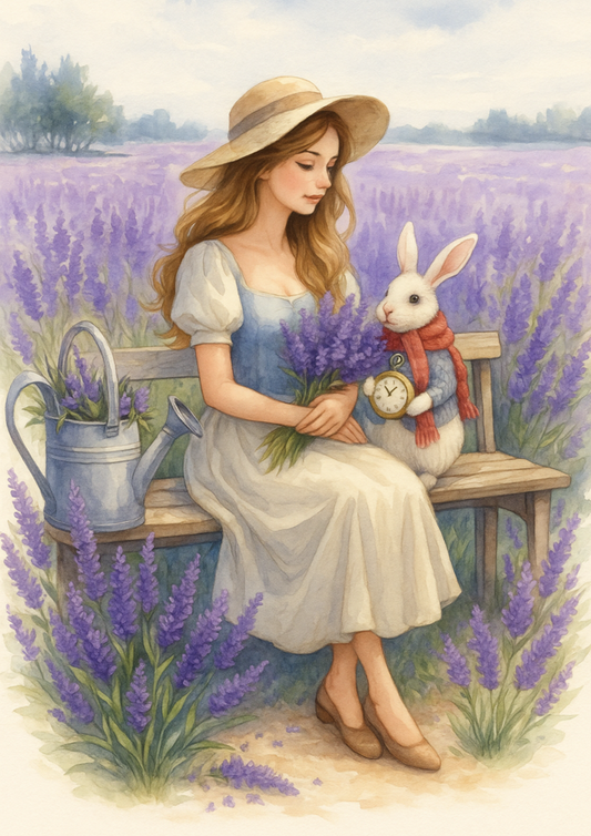 Reispapier für Decoupage Alice im Wunderland mit weißem Kaninchen im Lavendelfeld, vollständige Kat.-Nr. 4693
