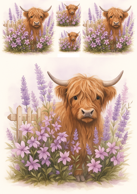 Rice Paper Decoupage Highland Cow In Lavender Collage Cat. No. 4703