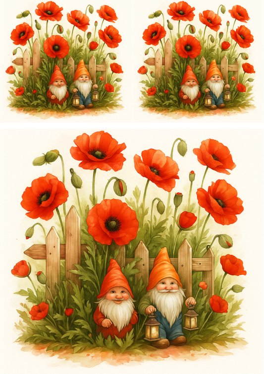 Reispapier-Decoupage-Gnom in roten Mohnblumen-Collage, Kat.-Nr. 4705