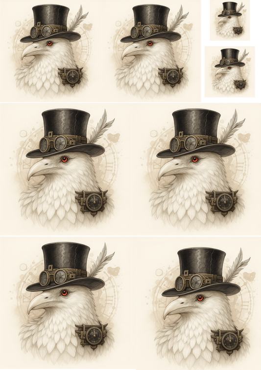 Reispapier für Decoupage, weißer Rabe mit Hut, Steampunk-Collage, Kat. Nr. 4708