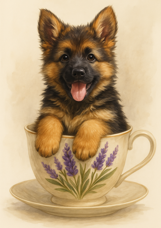 Reispapier für Decoupage, junger Deutscher Schäferhund in einer Tasse, Kat. Nr. 4721