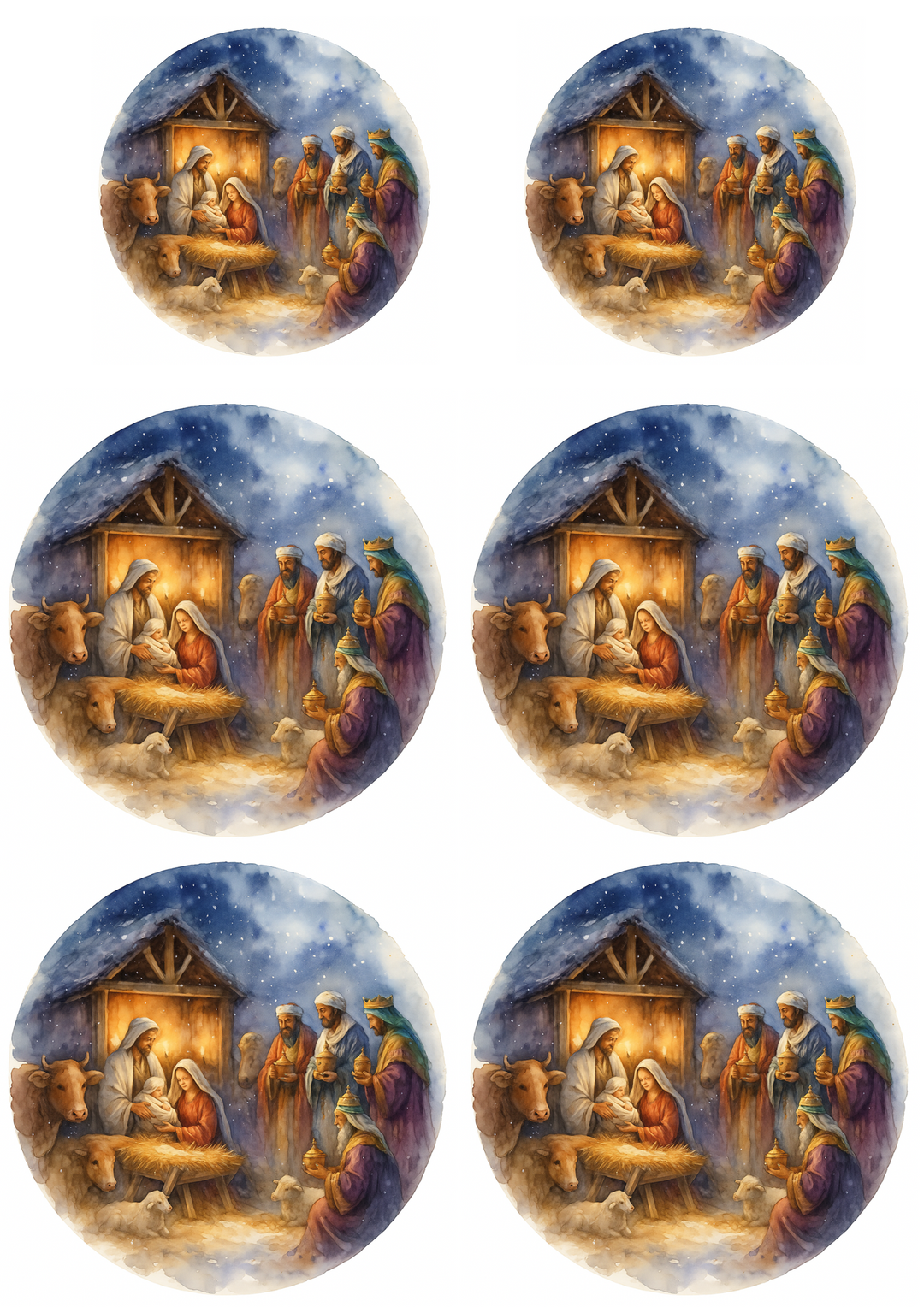 Reispapier für Decoupage Die Heilige Familie und die Heiligen Drei Könige in Bethlehem in Kreisen Collage Kat. Nr. 4738