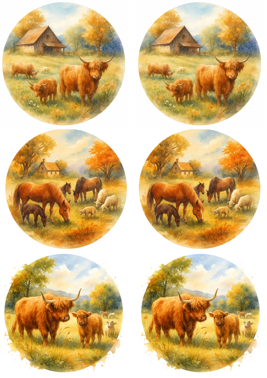 Reispapier für Decoupage, Hochlandkuh auf Herbstfarm in Kreisen, Collage, Kat. Nr. 4748