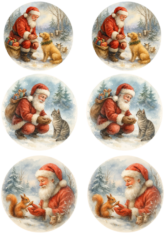 Rice Paper For Decoupage Santa Claus Feeds Animals In Circles Collage Cat. No. 4755
