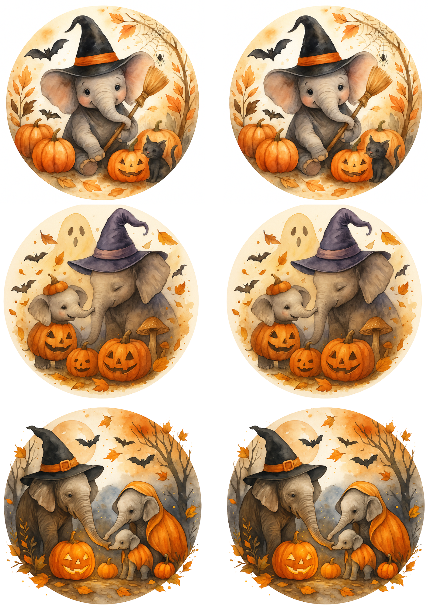 Reispapier für Decoupage Elefanten und Kürbisse Halloween in Kreisen Collage Kat. Nr. 4758