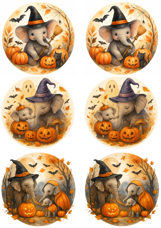 Reispapier für Decoupage Elefanten und Kürbisse Halloween in Kreisen Collage Kat. Nr. 4758