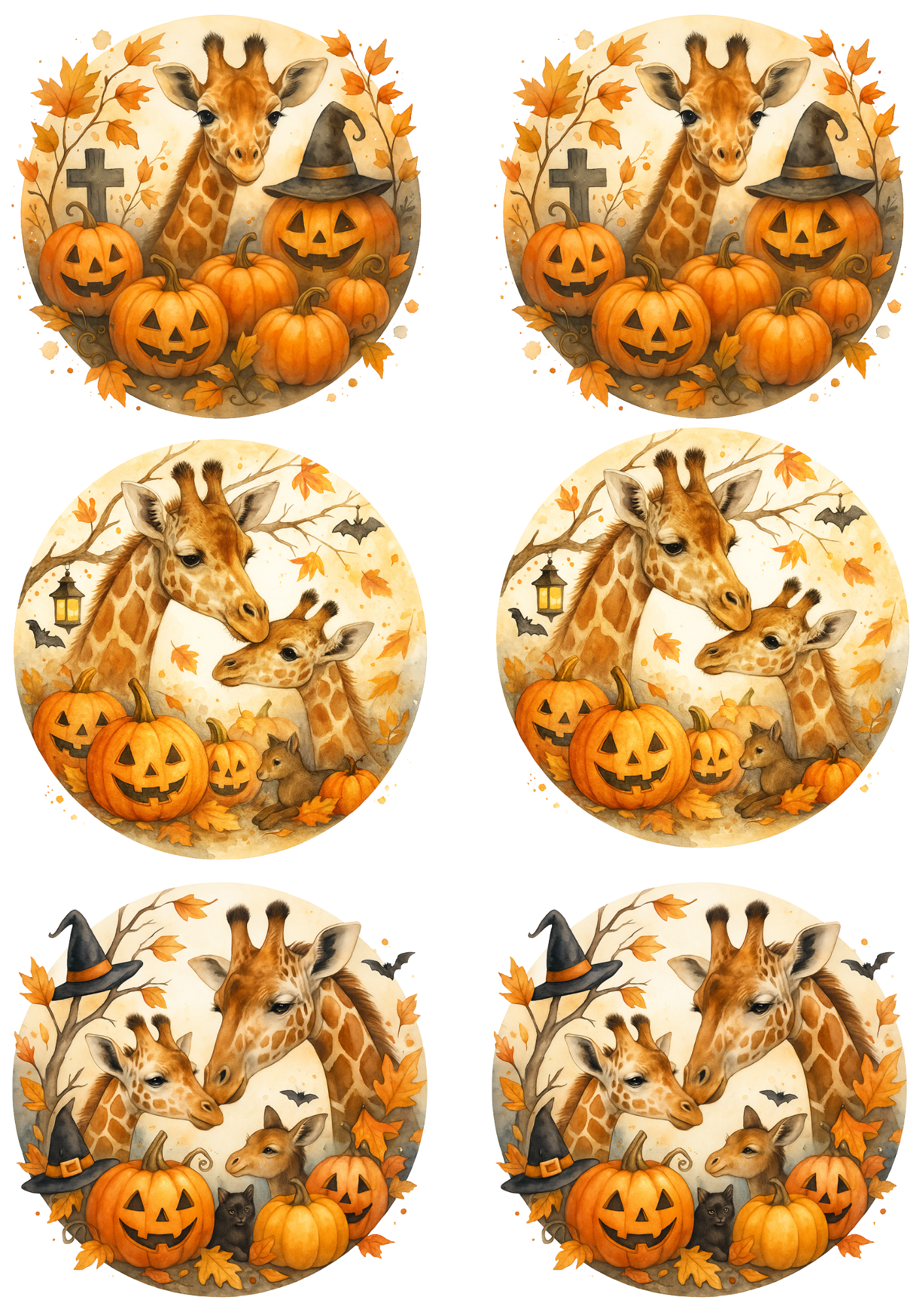 Reispapier für Decoupage Giraffen und Kürbisse Halloween in Kreisen Collage Kat. Nr. 4759