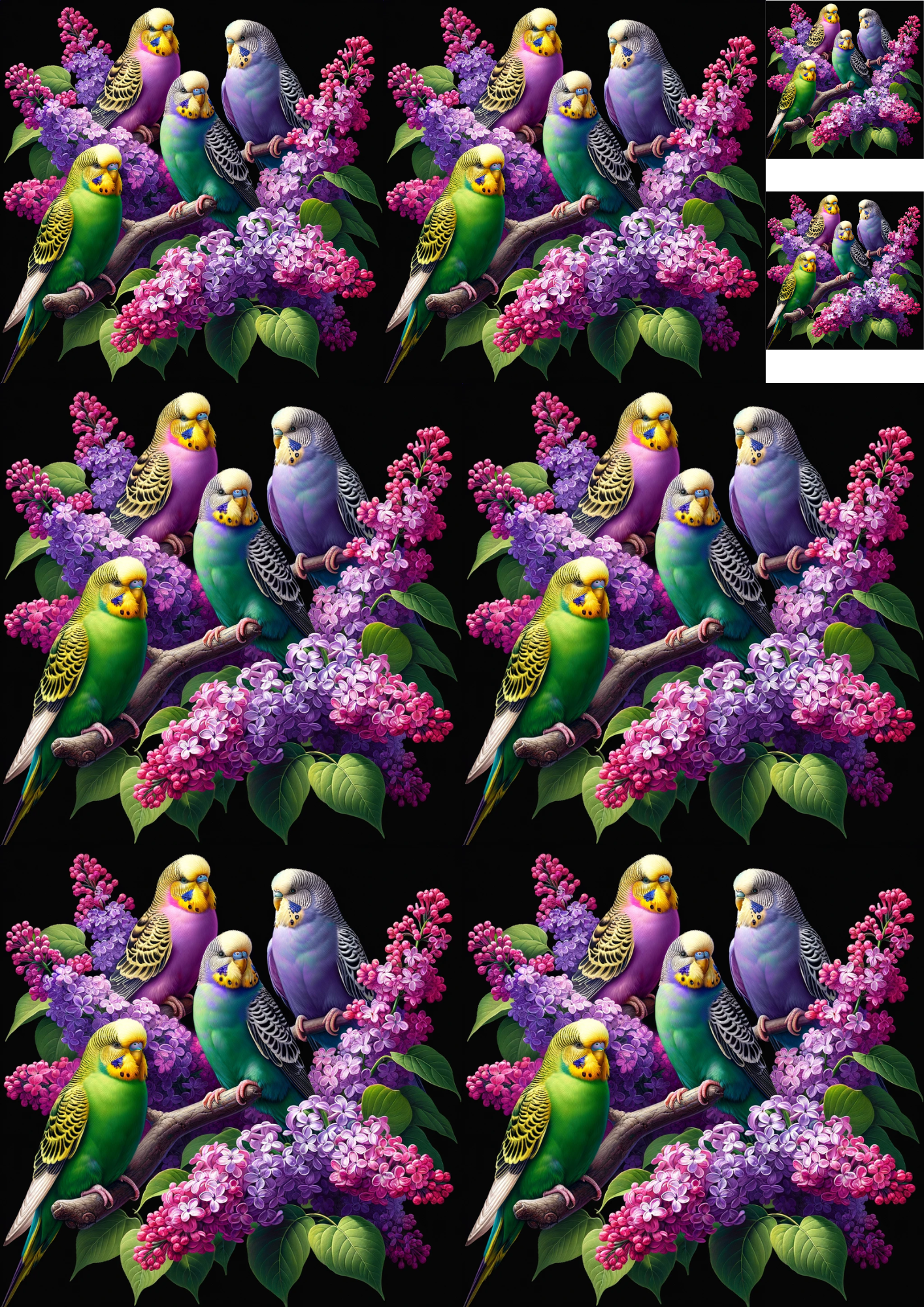 Reispapier für Decoupage-Collage „Wellensittiche auf Fliederzweigen“ Kat. Nr. 4760