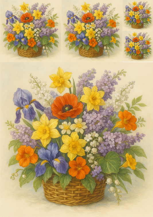 Rice Paper For Decoupage Bouquet Of Summer Flowers In A Basket Collage Cat. No. 4784