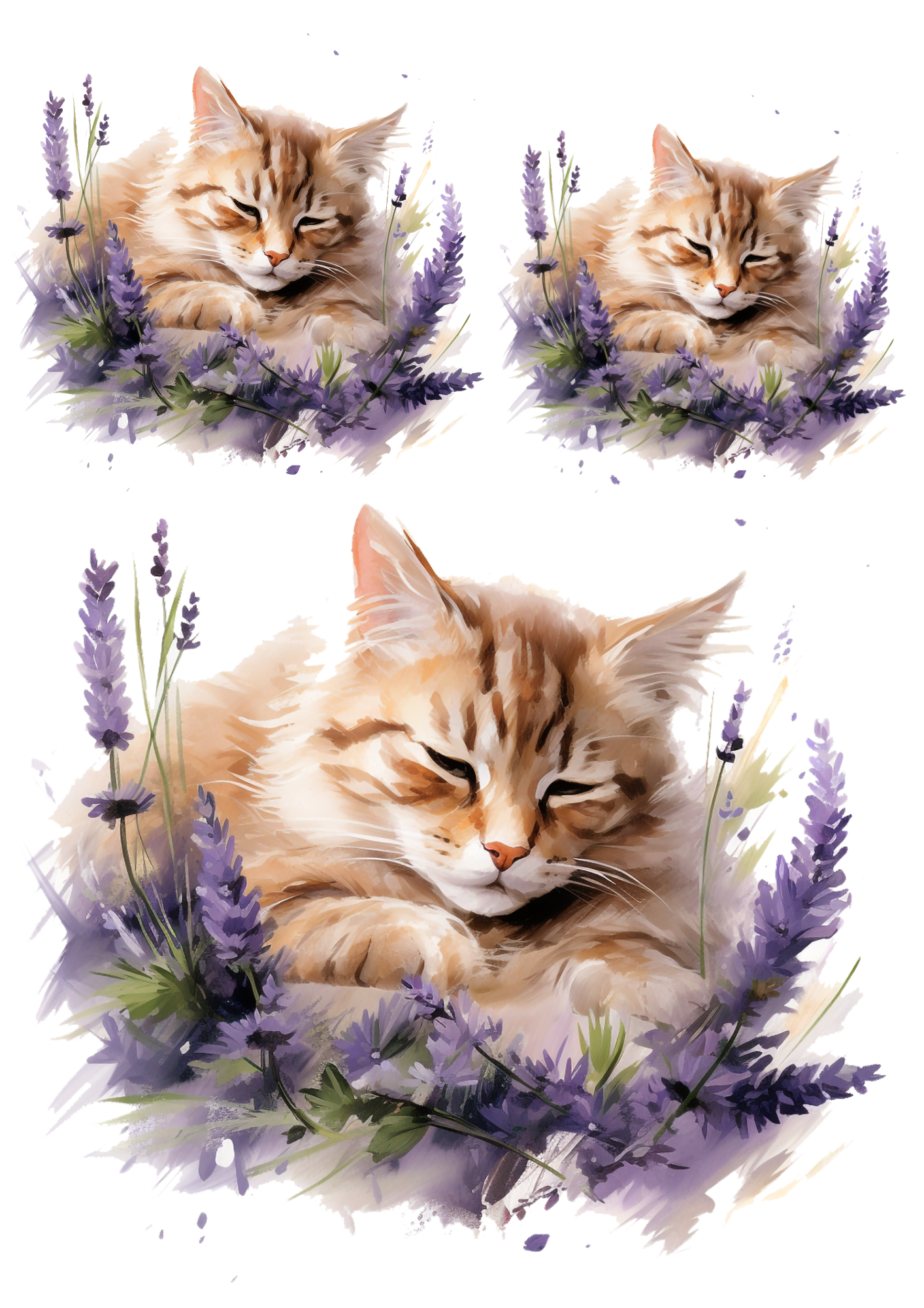 Reispapier für Decoupage, schlafende Katze in Lavendel-Collage, Kat.-Nr. 4788