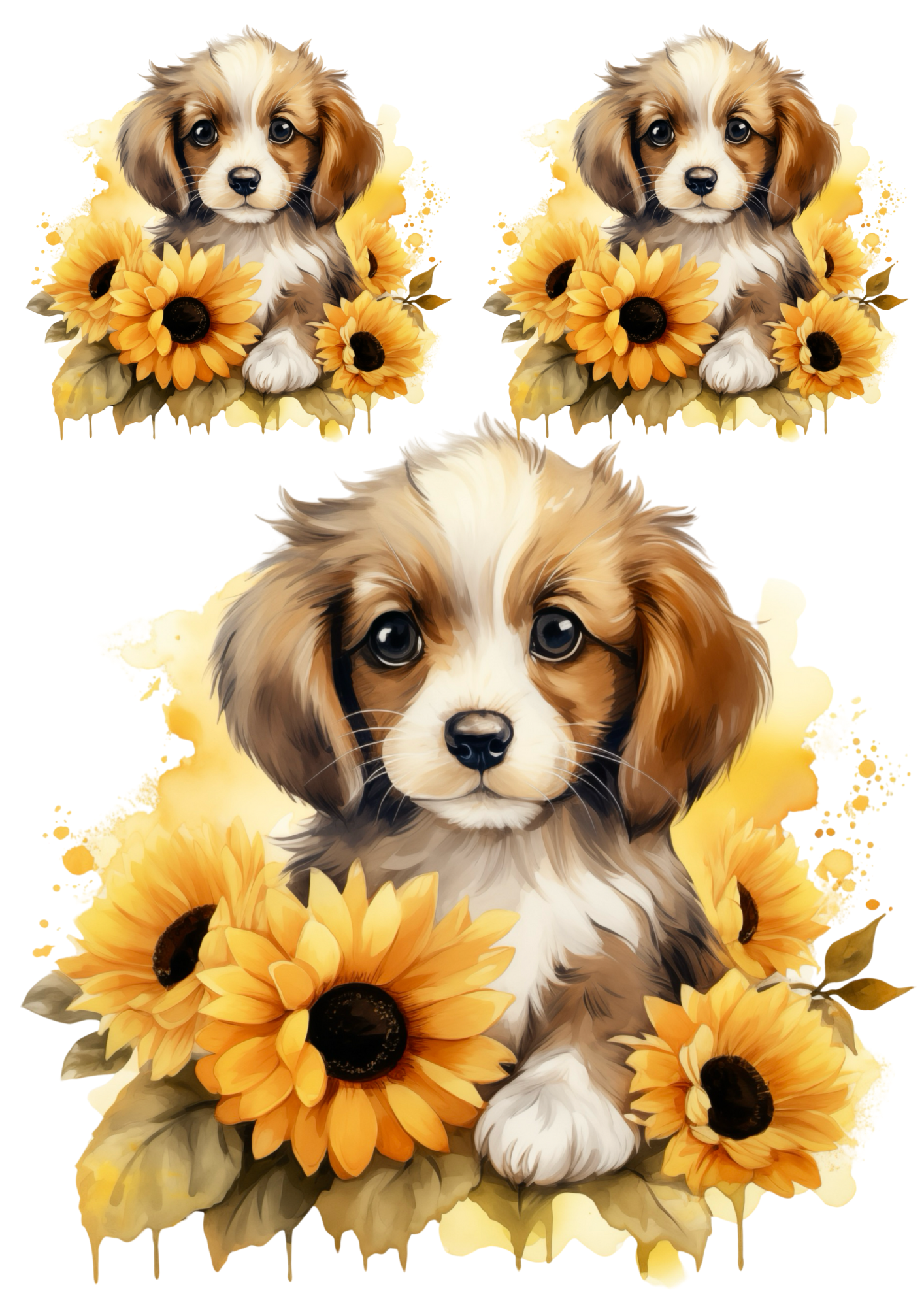Reispapier für Decoupage-Collage „Welpe in Sonnenblumen“ Kat. Nr. 4798