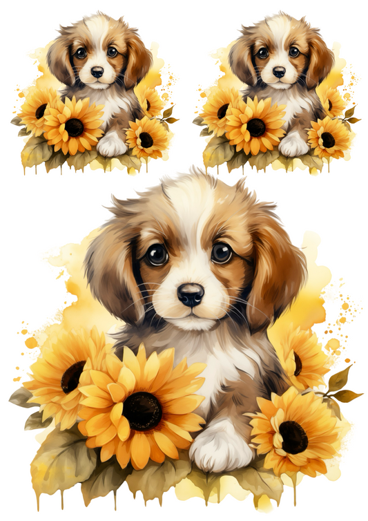 Reispapier für Decoupage-Collage „Welpe in Sonnenblumen“ Kat. Nr. 4798