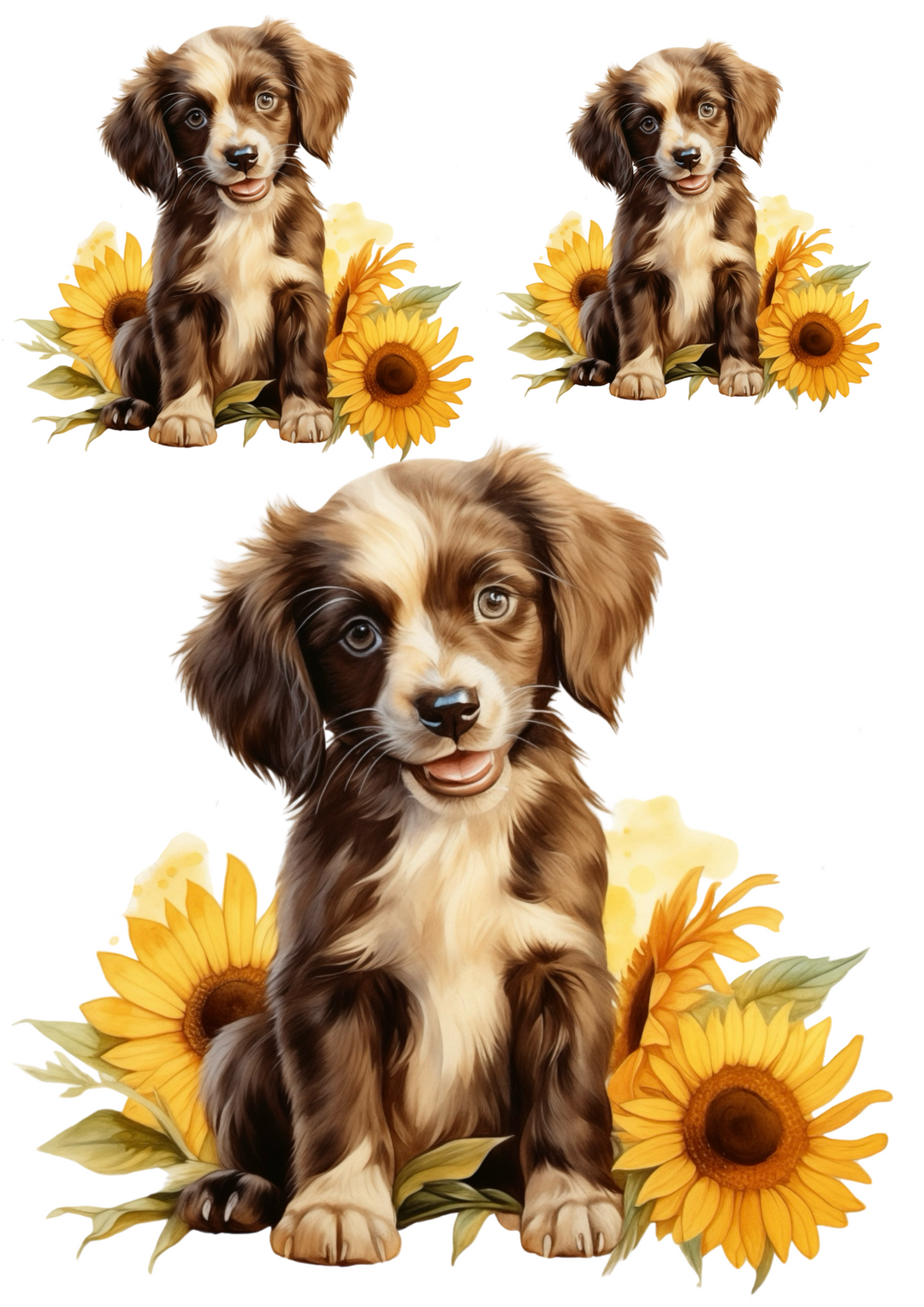 Reispapier für Decoupage-Collage „Welpe in Sonnenblumen“ Kat. Nr. 4799