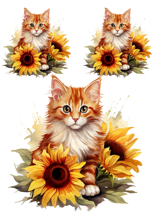 Rice Paper For Decoupage Little Kitten In Sunflowers Collage Cat. No. 4800