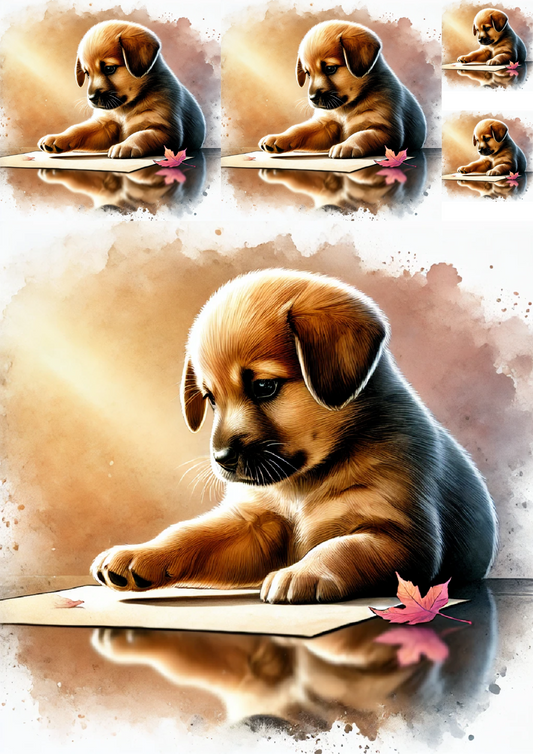 Rice Paper For Decoupage Puppy Writing A Letter Collage Cat. No. 4802