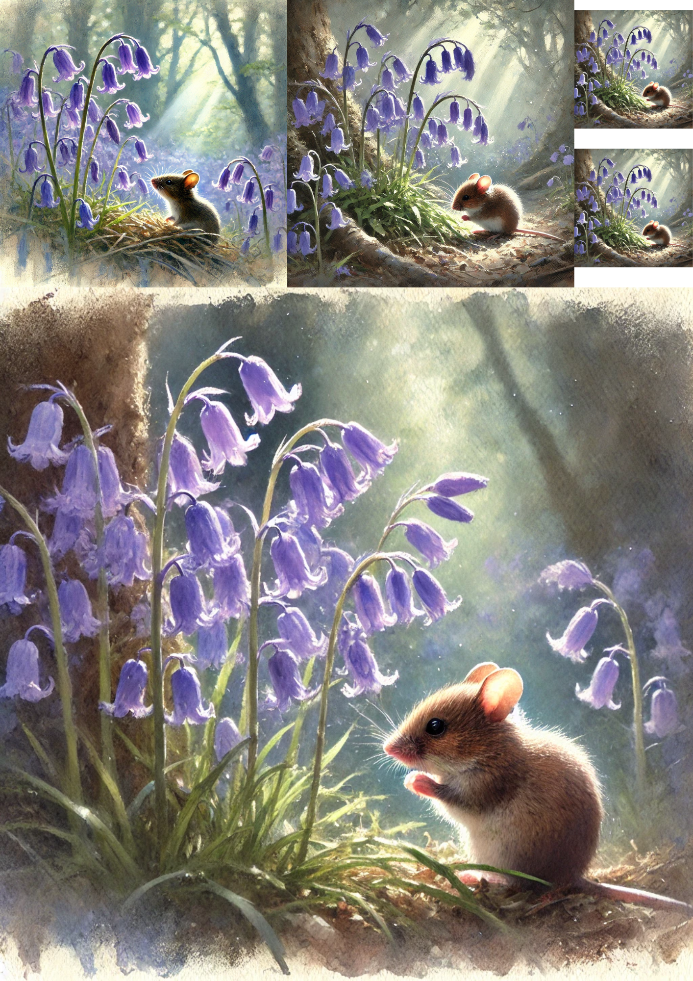Rice Paper For Decoupage Field Mouse And Blue Bells Collage Cat. No. 4810