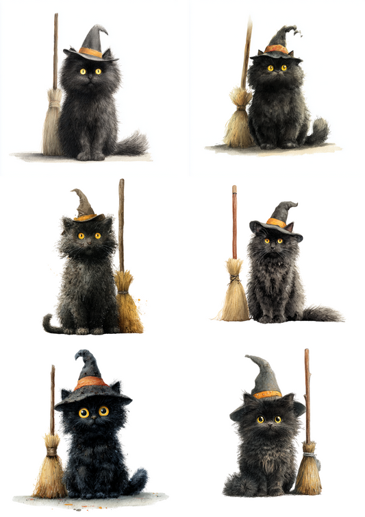 Reispapier für Decoupage Schwarze Katzenhexe mit Besencollage Kat. Nr. 4851