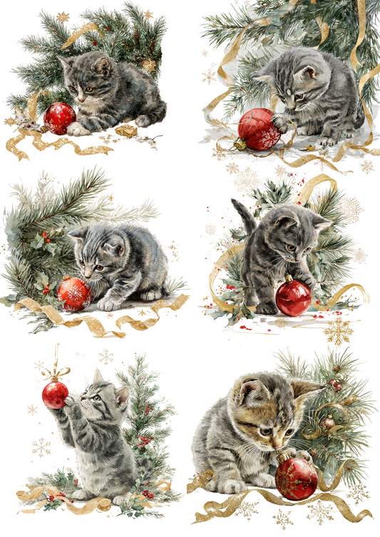 Rice Paper Decoupage Christmas Cat Playing with a Christmas Tree Bauble Cat. No. 4903