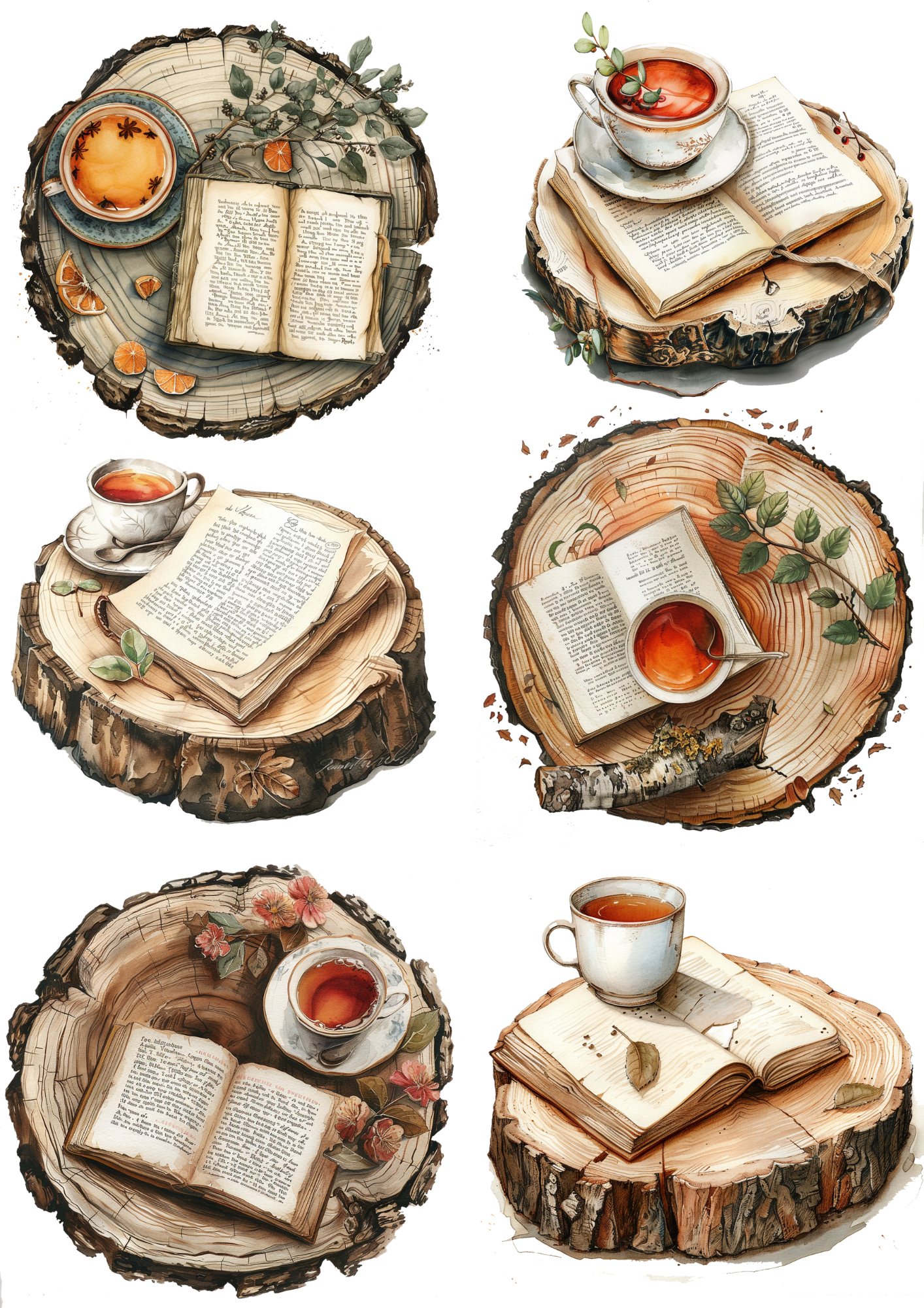 Reispapier für Decoupage Tasse Tee auf einem Baumstamm und Buchcollage Kat. Nr. 4905
