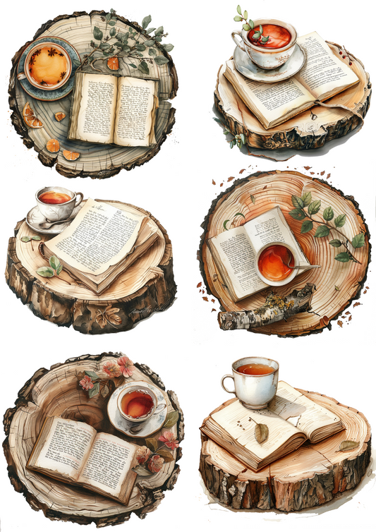 Reispapier für Decoupage Tasse Tee auf einem Baumstamm und Buchcollage Kat. Nr. 4905