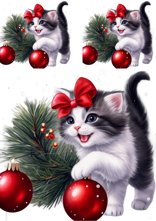 Reispapier-Decoupage, kleines Kätzchen spielt mit einer Christbaumkugel-Collage, Kat.-Nr. 4914
