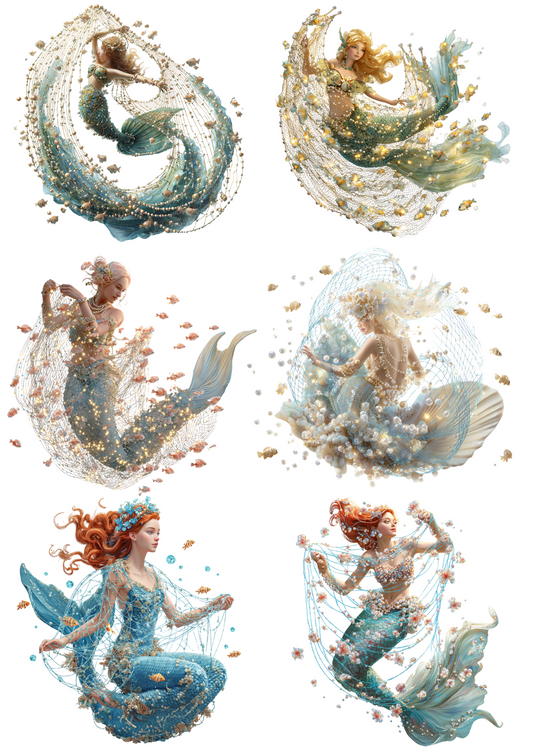 Rice Paper For Decoupage Mermaids In The Net Collage Cat. No. 4937