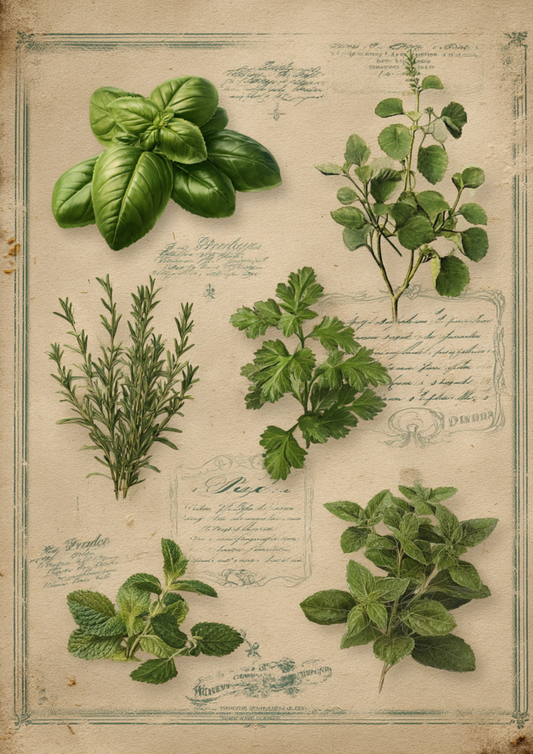 Reispapier für Decoupage, Vintage-Hintergrund mit botanischen Kräutern, für Junk Journaling, Kat. Nr. 4948