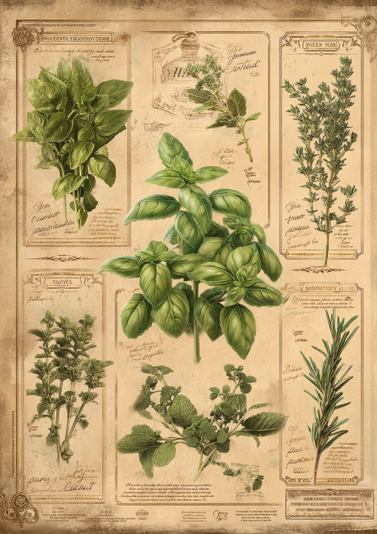 Reispapier für Decoupage, Vintage-Hintergrund mit botanischen Kräutern, für Junk Journaling, Kat. Nr. 4949