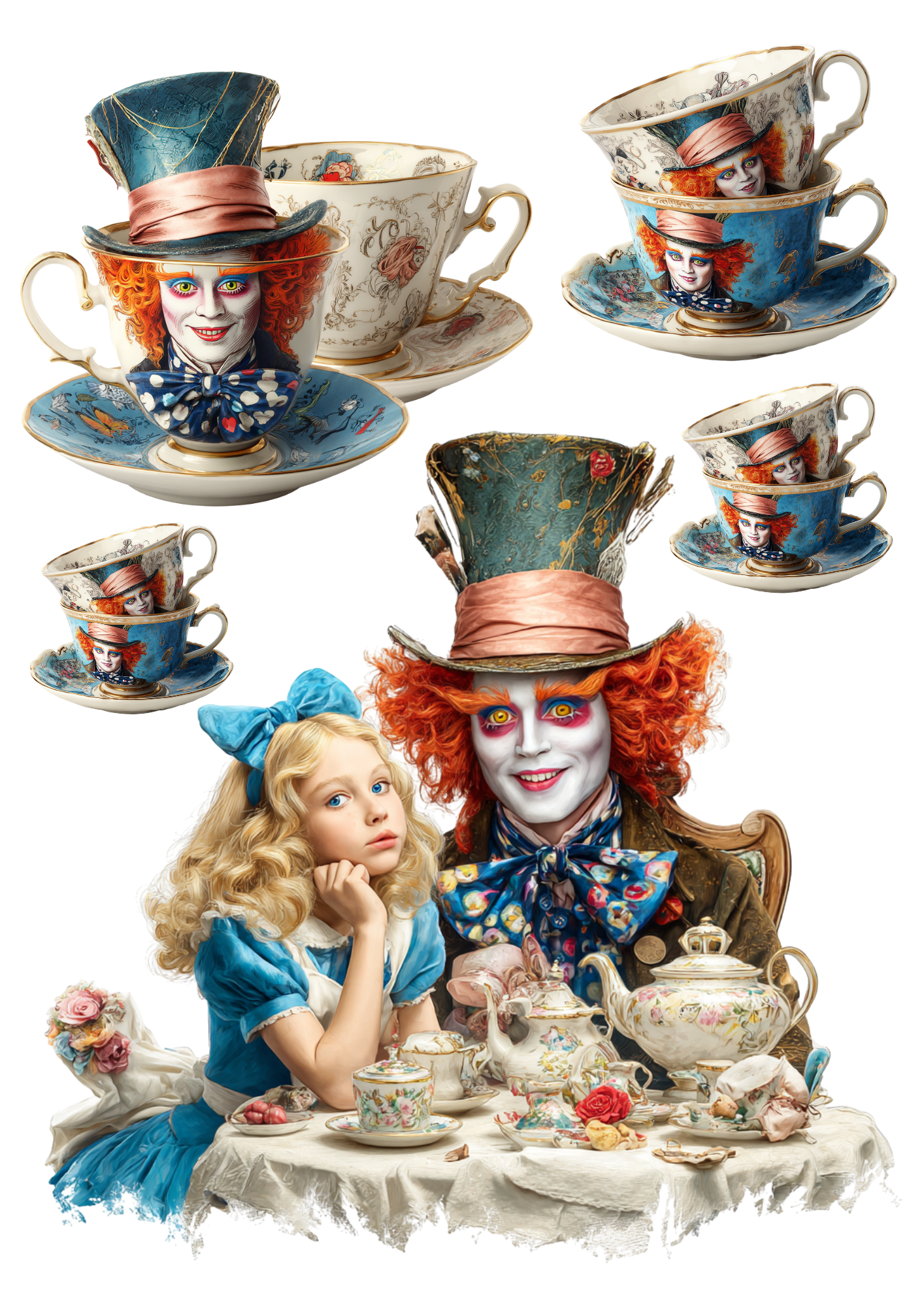 Reispapier für Decoupage Alice im Wunderland mit der verrückten Hutmacher-Collage Kat. Nr. 4969