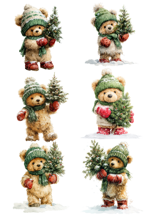 Rice Paper for Decoupage Teddy Bear with Christmas Tree Collage Cat. No. 5011