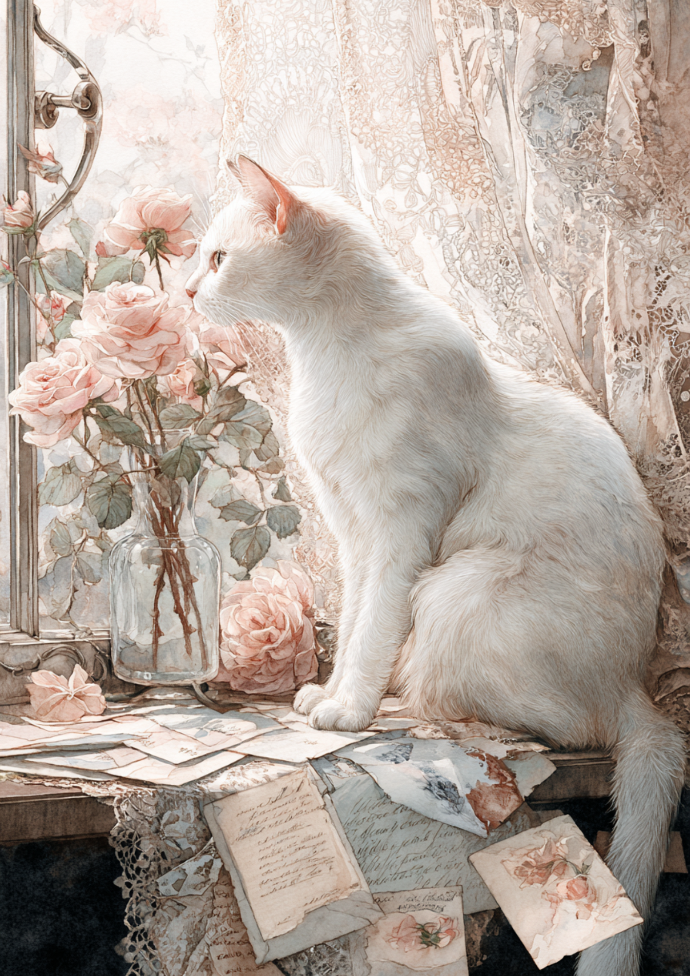Reispapier für Decoupage, weiße Katze im Journal-Stil, Hintergrund, Schabby Chic, vollständige Kat.-Nr. 5018