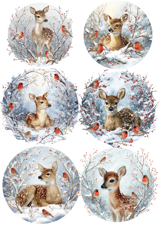 Rice Paper For Decoupage Little Deer In Winter In Circles Collage Cat. No. 5041