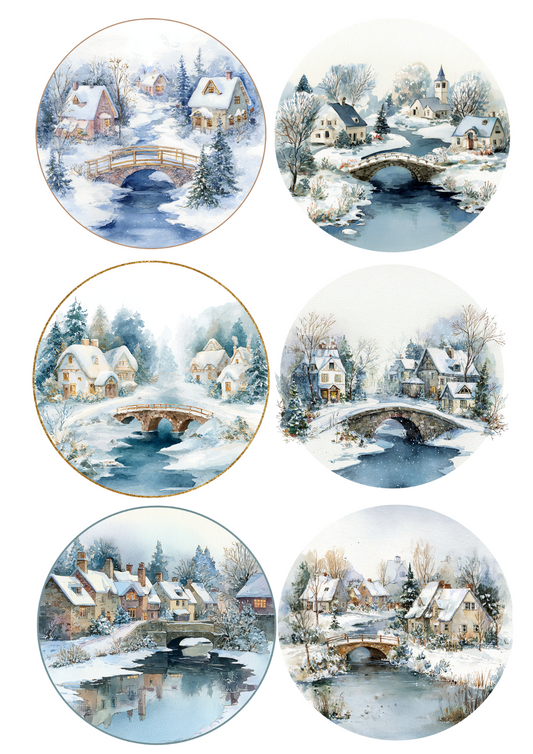Rice Paper for Decoupage Winter Landscape in a Circle Collage Cat. No. 5069