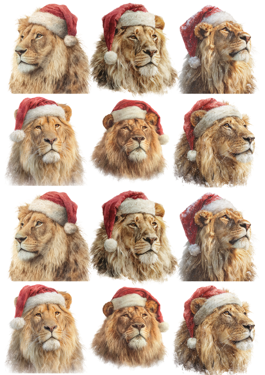 Rice Paper For Decoupage Lion In Christmas Hat Collage Cat. No.5149