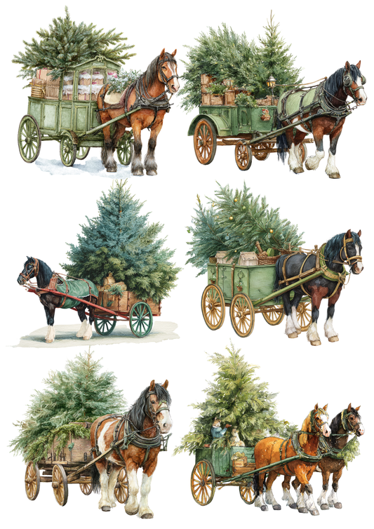 Rice Paper For Decoupage Horse Pulling a Cart With a Christmas Tree Collage Cat. No. 5181