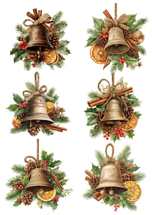 Rice Paper for Decoupage Rustic Christmas Bells Collage Cat. No. 5203