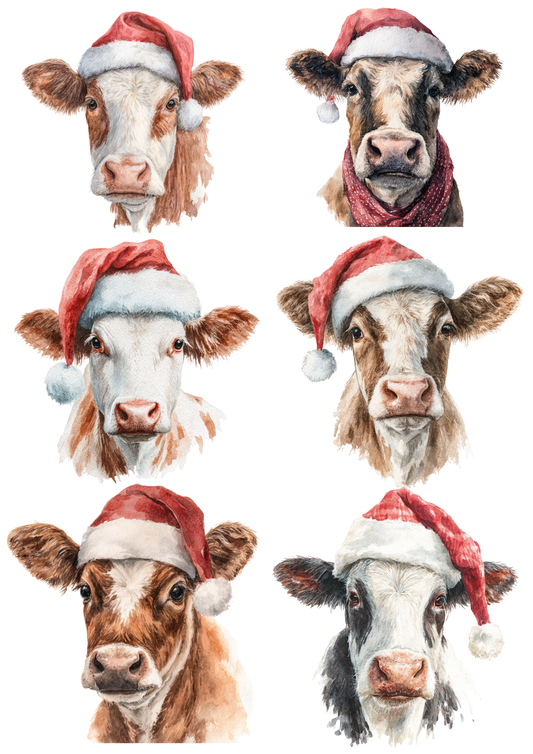Rice Paper Decoupage Highland Cow in Christmas Hat Collage Cat. No. 5211
