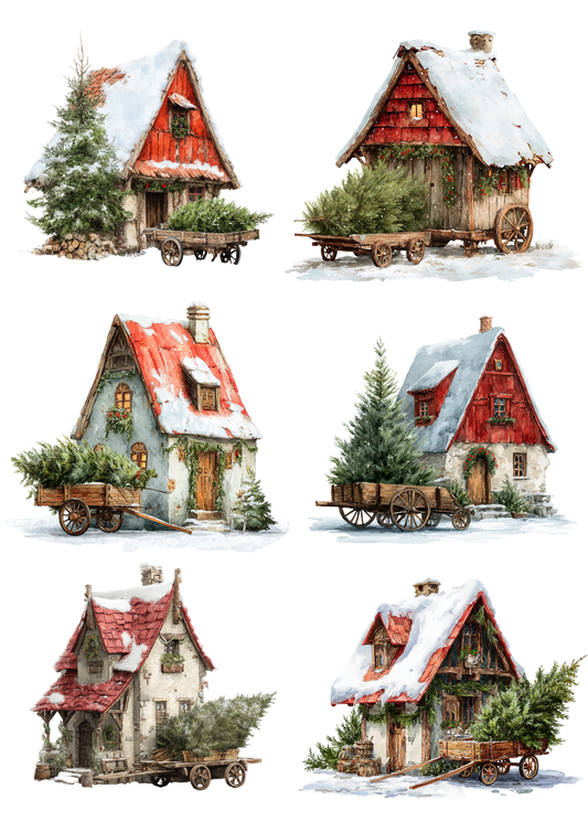 Rice Paper for Decoupage Christmas Tree Wagon and Cottage Collage Cat. No. 5215