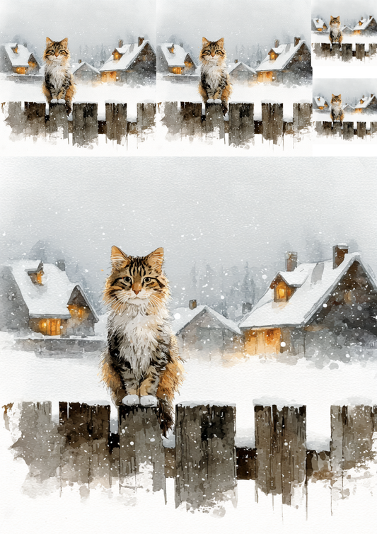 Rice Paper For Decoupage Cat On A Fence In Winter Collage Cat. No. 5229