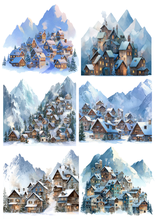 Rice Paper For Decoupage Mountain Village Collage Cat. No. 5242
