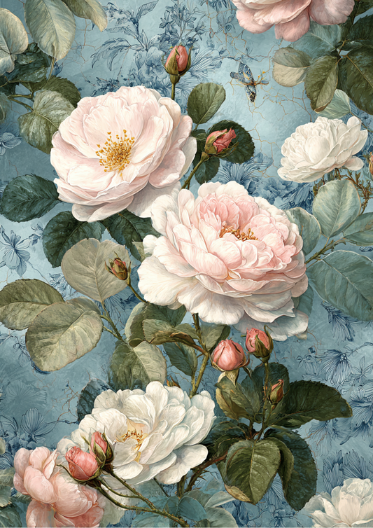 Rice Paper For Decoupage Vintage Roses Background on Blue Full Cat. No. 5377