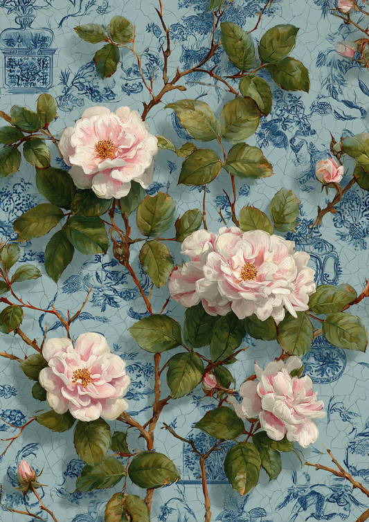 Rice Paper For Decoupage Vintage Roses Background on Blue Full Cat. No. 5379