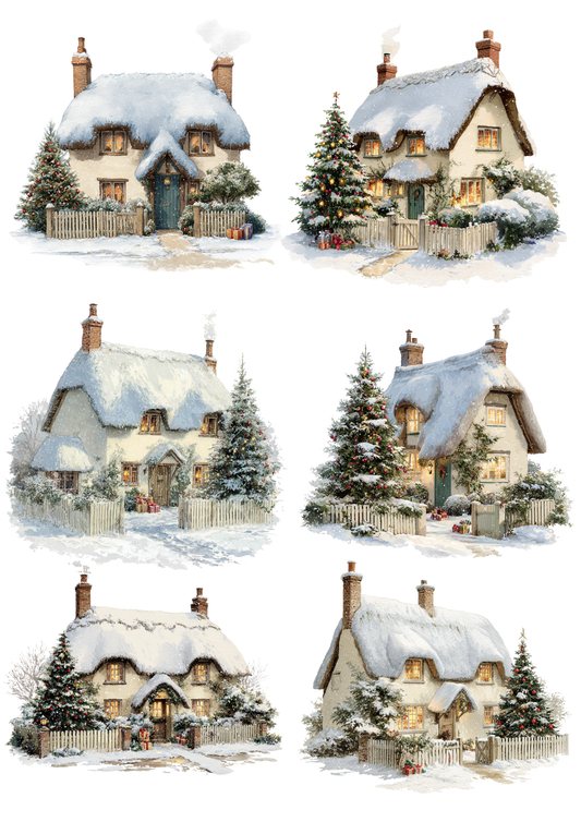 Rice Paper For Decoupage Christmas Decorated Winter Cottages Collage Cat. No. 5381