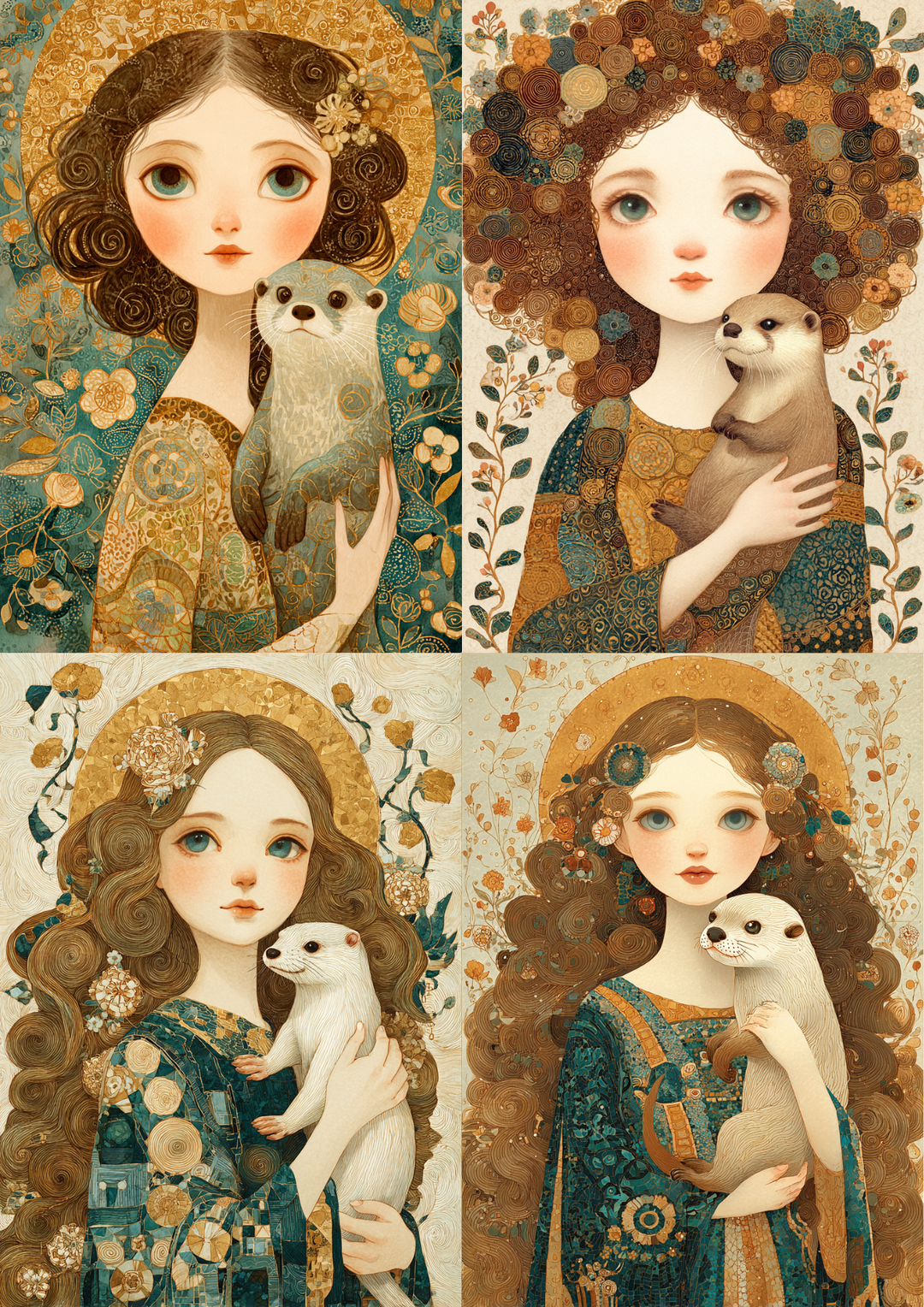 Rice Paper For Decoupage Girl with an Otter in the Style of Gustav Klimt Collage Cat. No. 5390