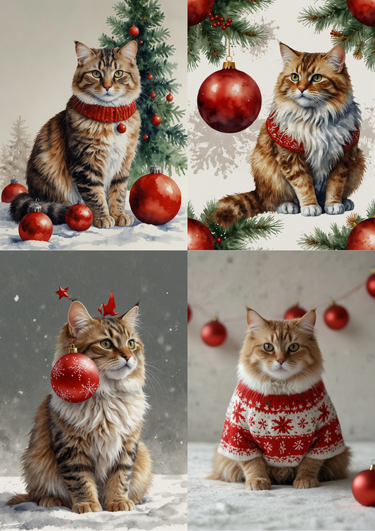 Rice Paper For Decoupage Christmas Cat And Christmas Tree Bauble Collage Cat. No. 5465