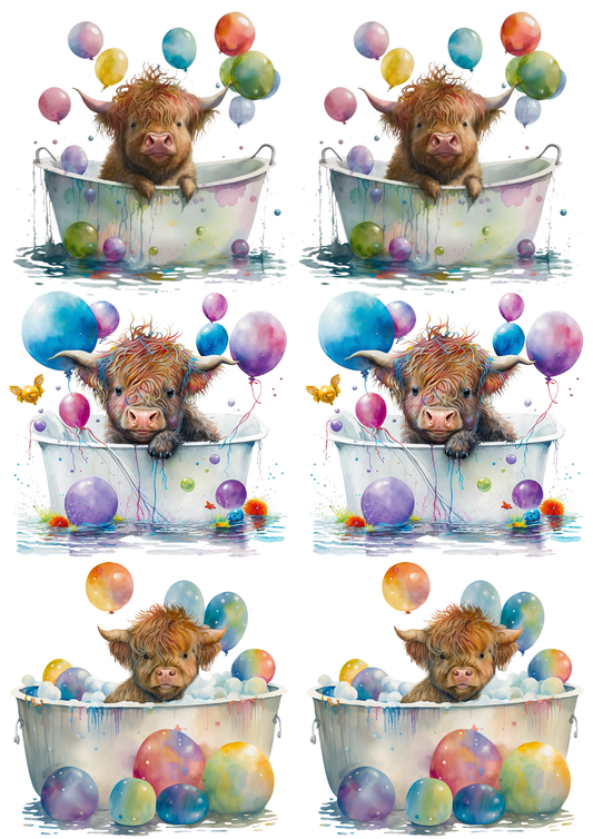 Rice Paper for Decoupage Highland Cow and Balloons Collage Cat. No. 5521